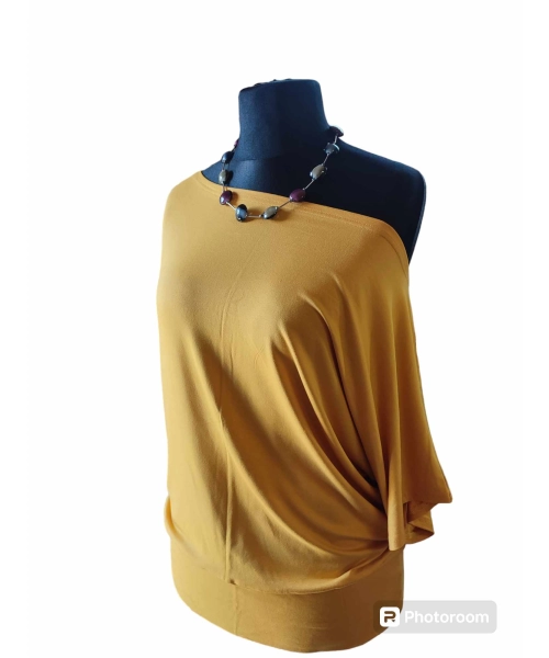 Bluzka kimonowa z dekoltem w łódkę - kolor złotawy musztardowy